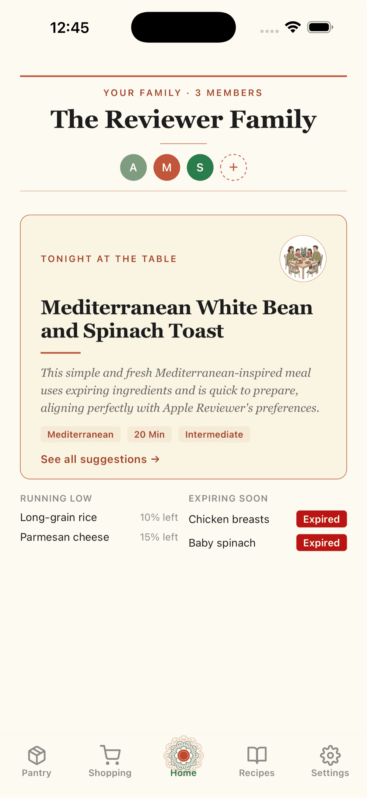 Home screen showing the family card, member avatars, tonight’s dinner suggestion, and running-low and expiring-soon alerts