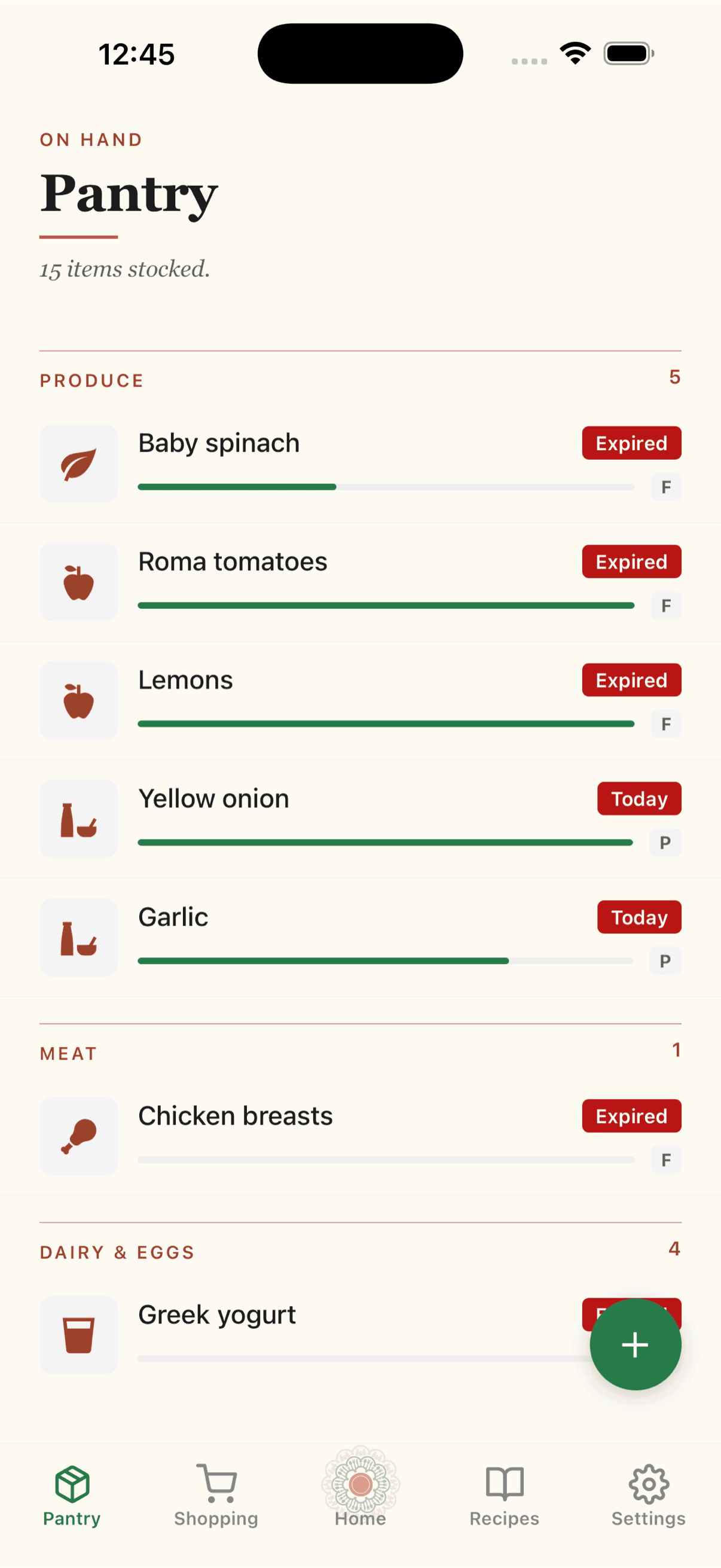 Pantry screen with items grouped by category, quantity bars, and color-coded expiration badges
