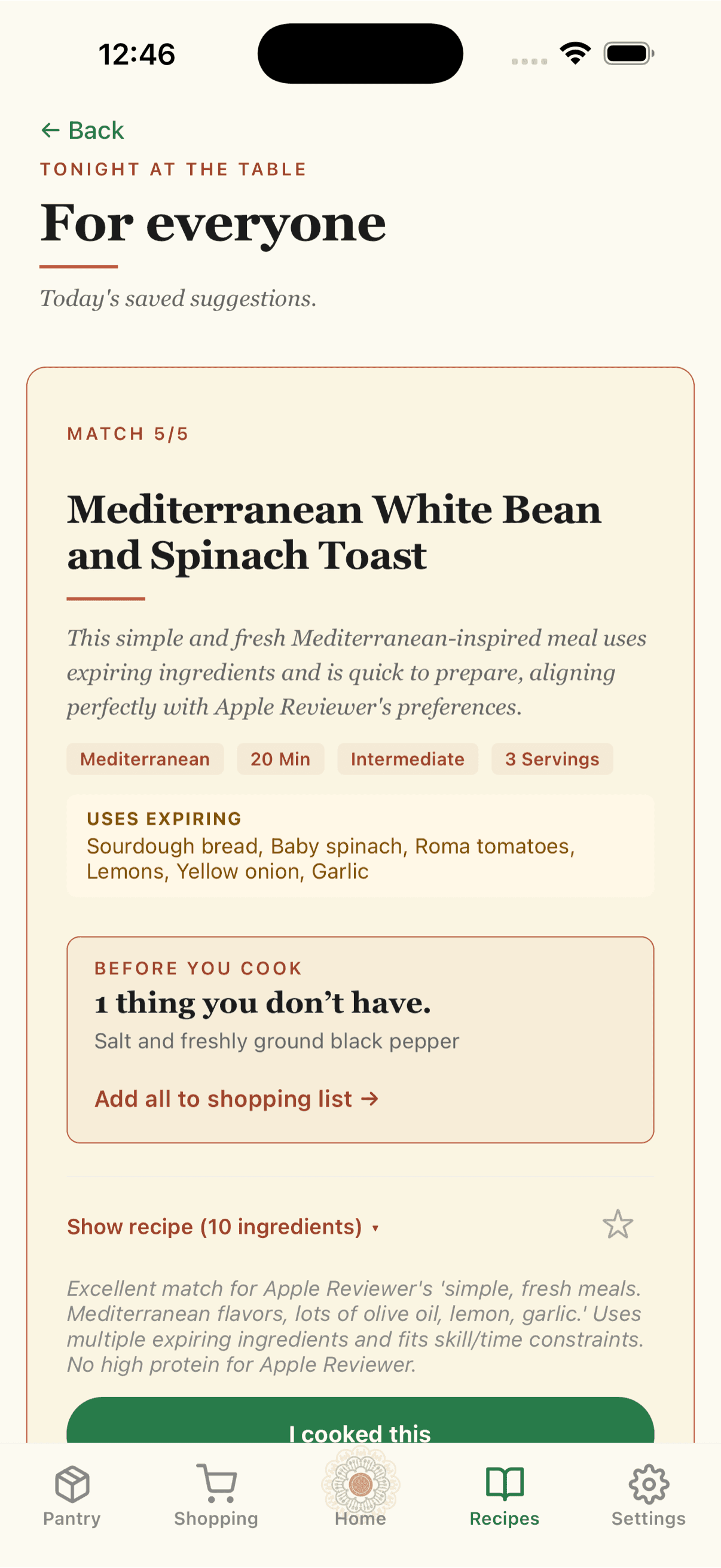 Recipe suggestion cards with star ratings, expiring-ingredient callouts, and an I-cooked-this button